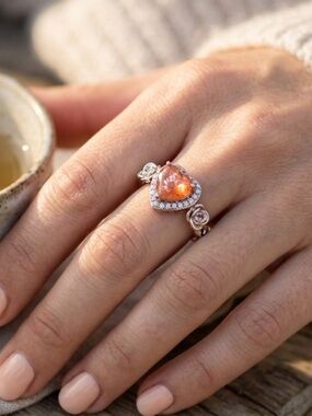 Natural Sunstone Ring Heart Shaped in Silver Tone - Floral Halo Promise Ring